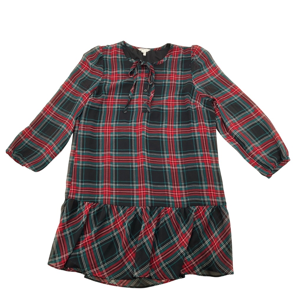 Draper James Plaid Drop Waist Mini Dress Womens XL Red Green Tie Neck Preppy